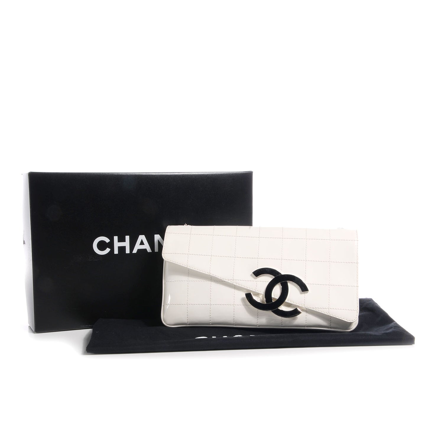 Patent Square Stitched CC Flap Clutch White