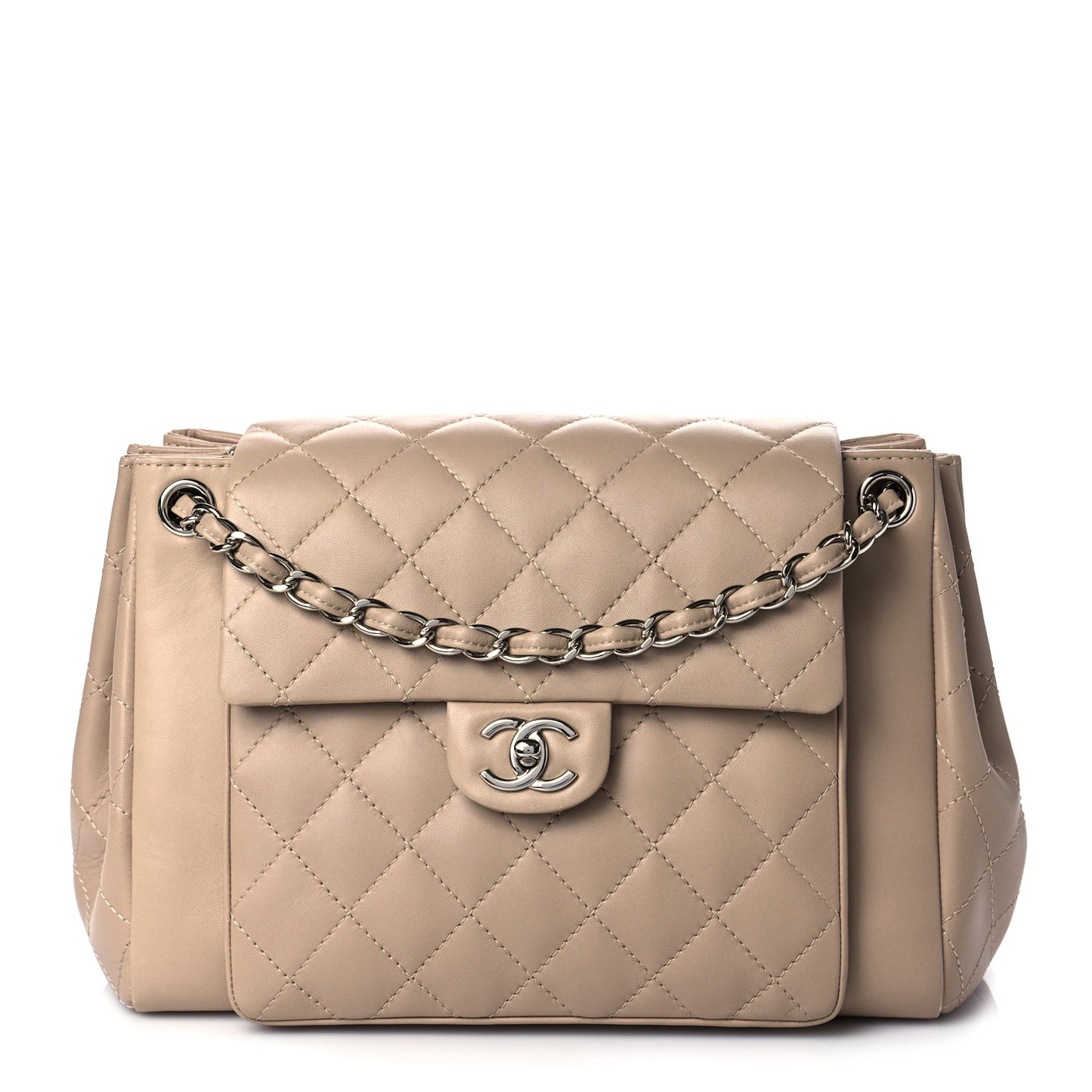Lambskin Quilted CC Accordion Shopping Bag Beige