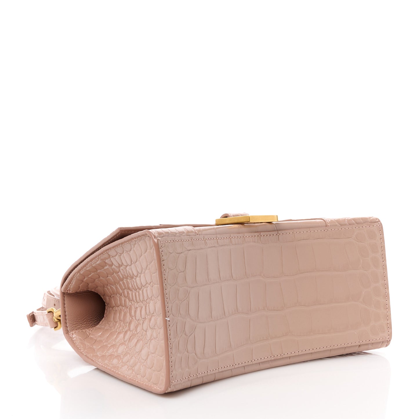 Shiny Calfskin Crocodile Embossed Small Hourglass Top Handle Bag Nude Beige