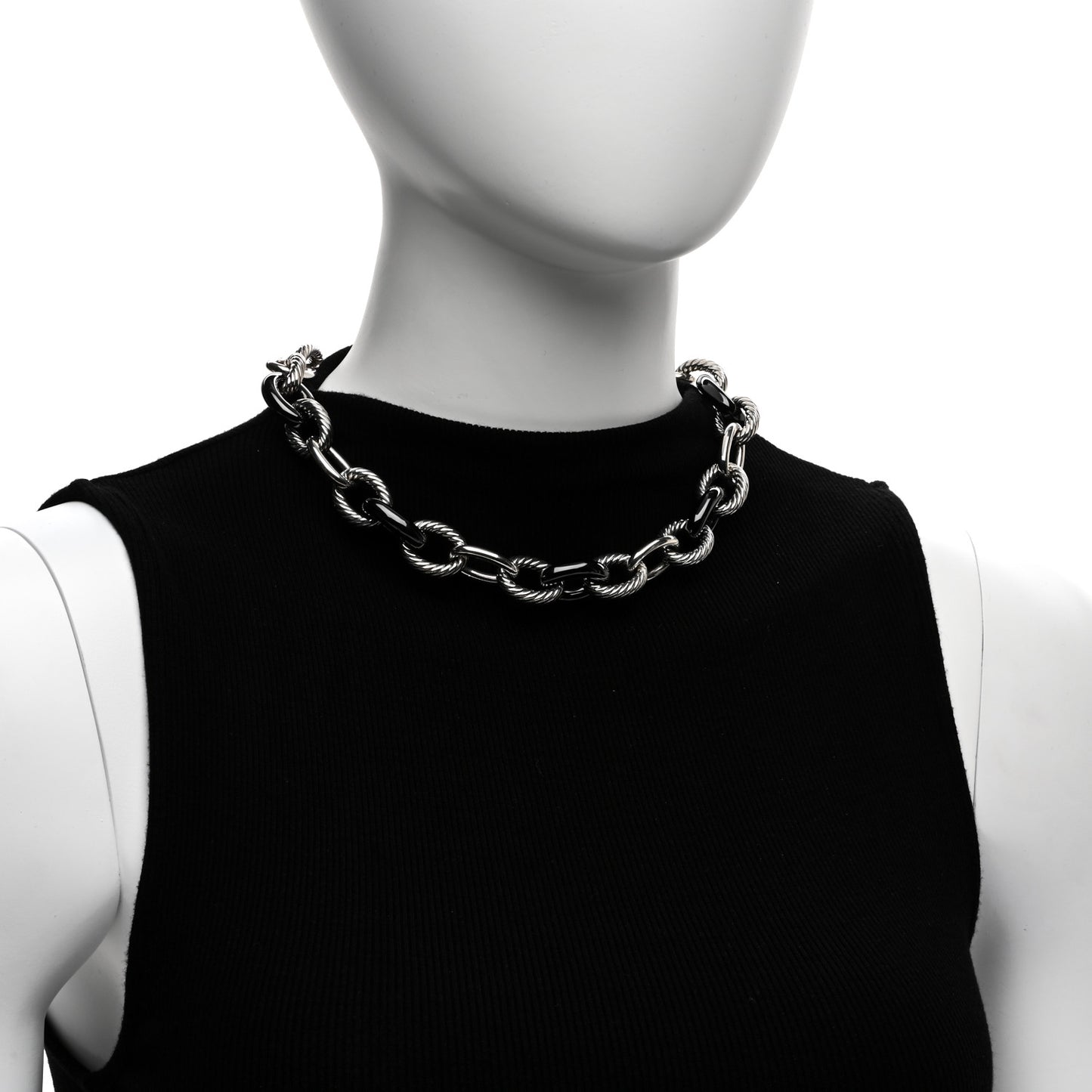 Sterling Silver Black Ceramic 18mm Large Oval Link Necklace Black