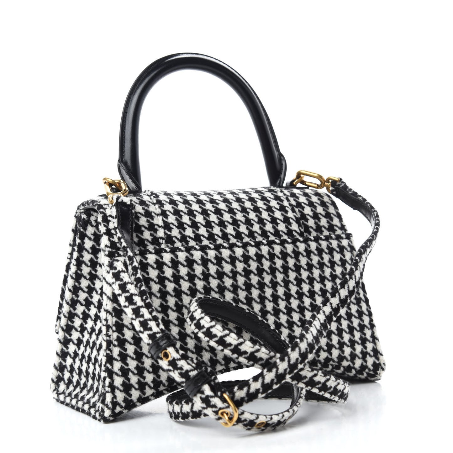 Wool Houndstooth Small Hourglass Top Handle Bag Black White