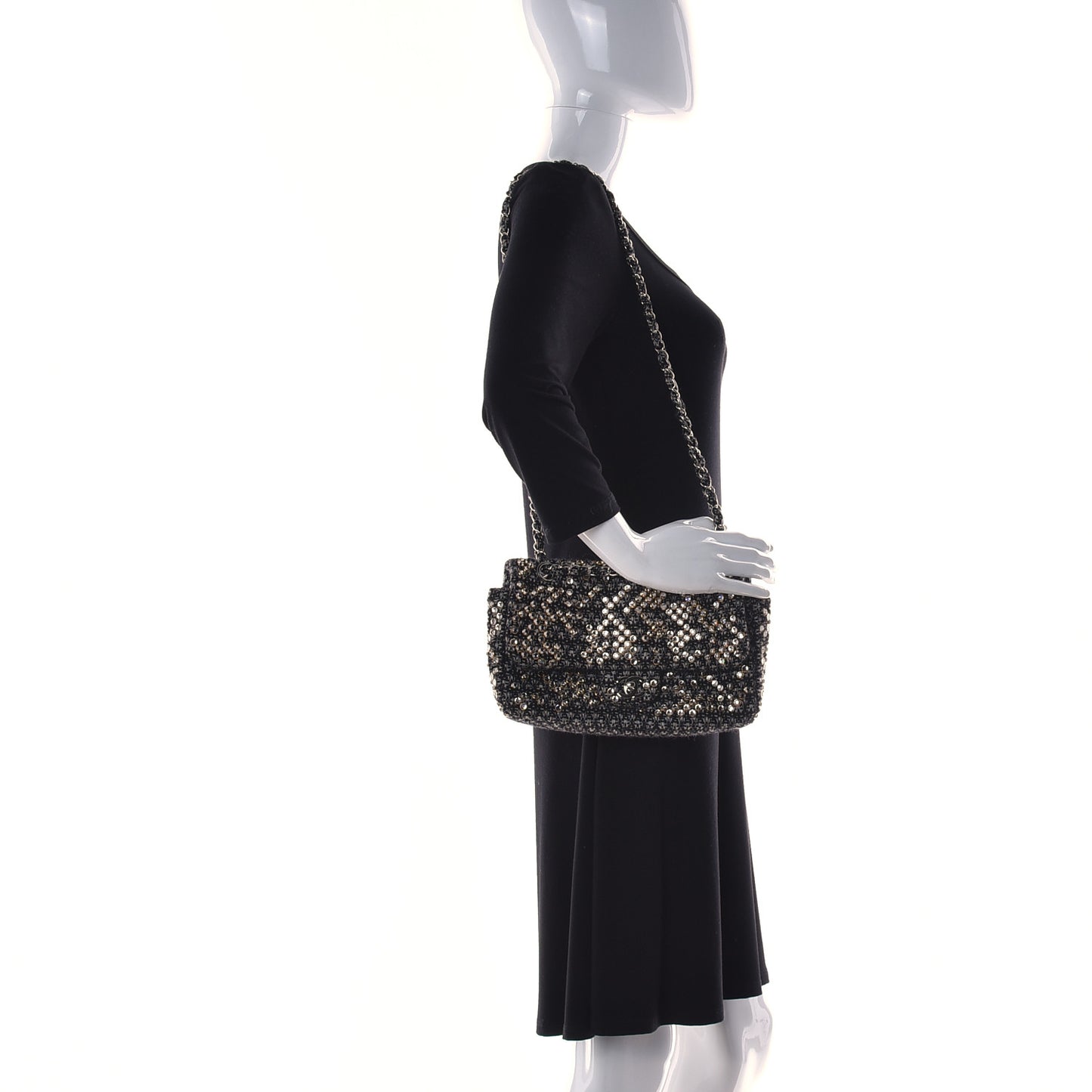 Crystal Tweed Quilted Medium Single Flap Black