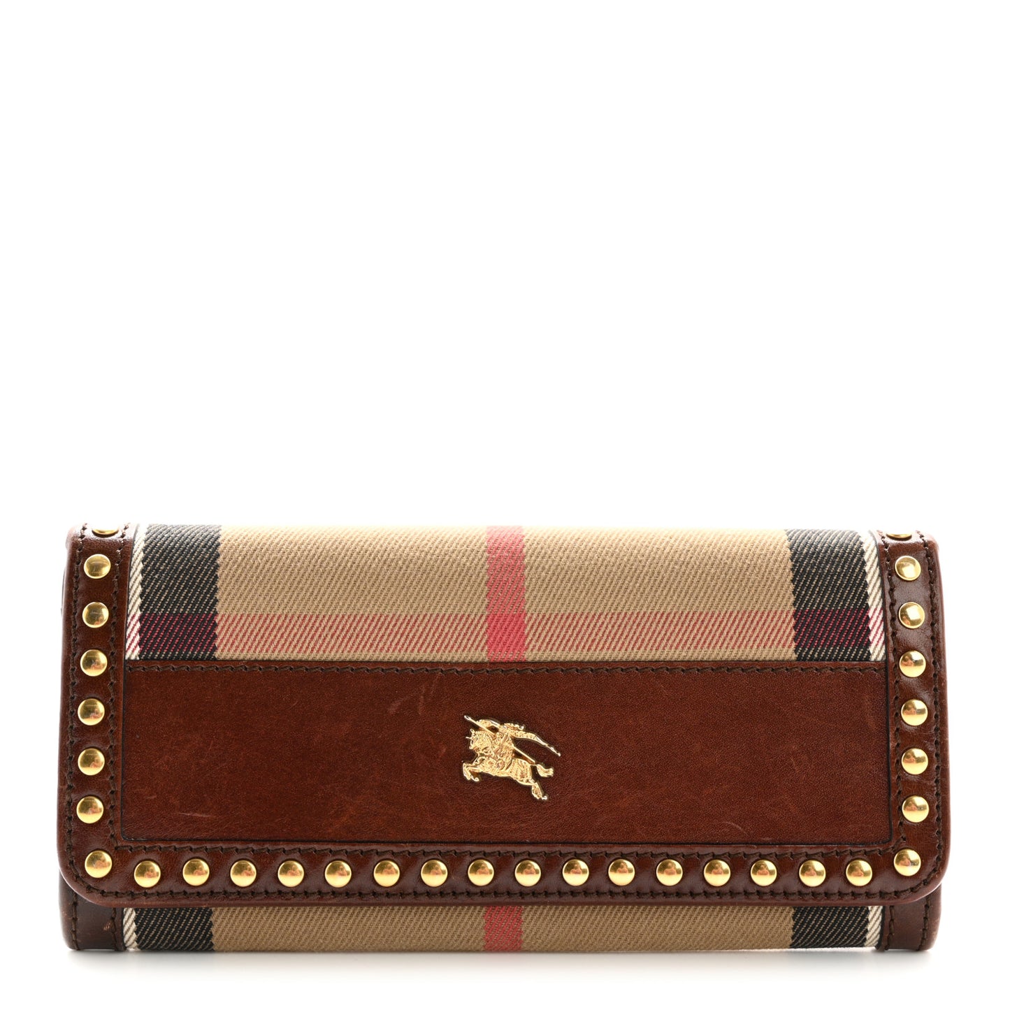 Calfskin House Check Studded Wallet Dark Tan