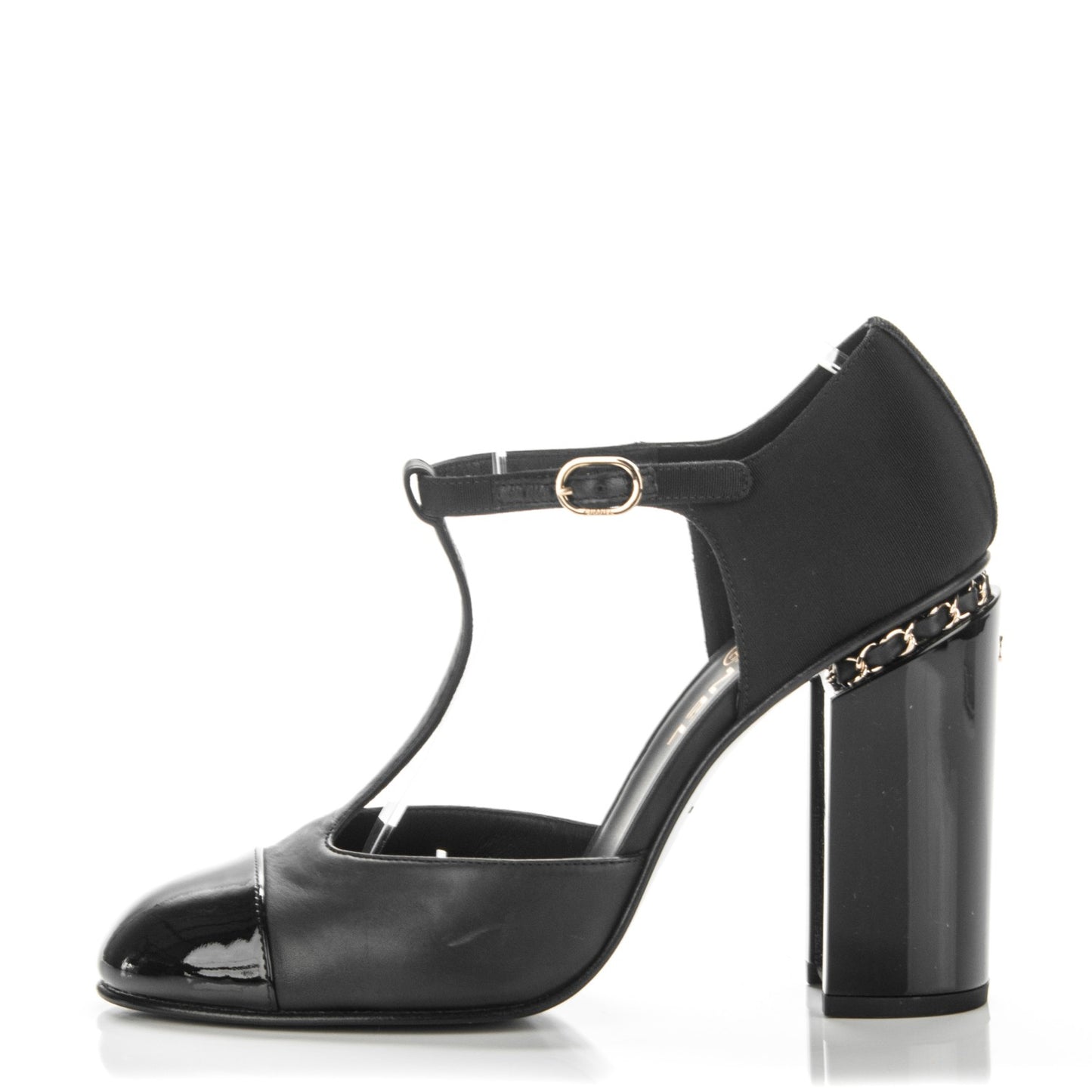 Grosgrain Tweed Chain T Strap Pumps 4 Black