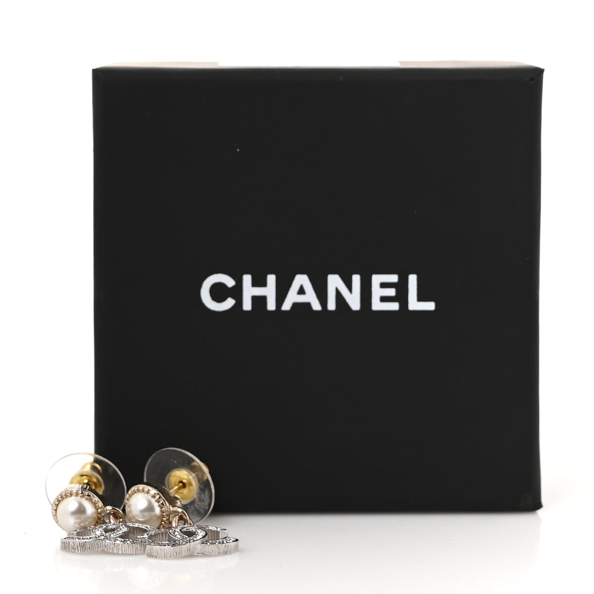 Crystal Pearl CC Pendant Earrings Silver Gold Pearly White
