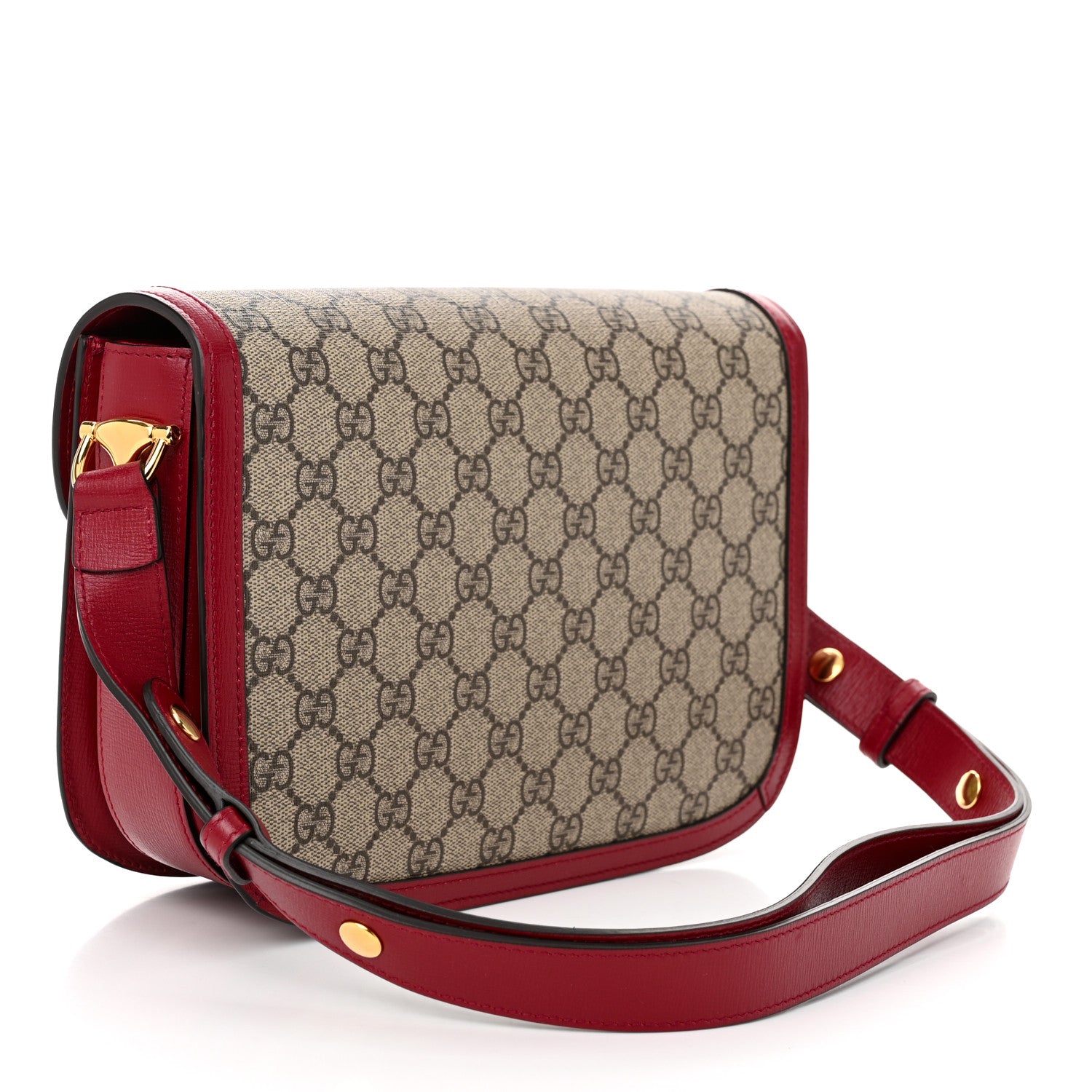Gucci GG Supreme Monogram Azalea Calfskin Horsebit 1955 Shoulder Bag Beige Ebony New Cherry Red 3 of 10