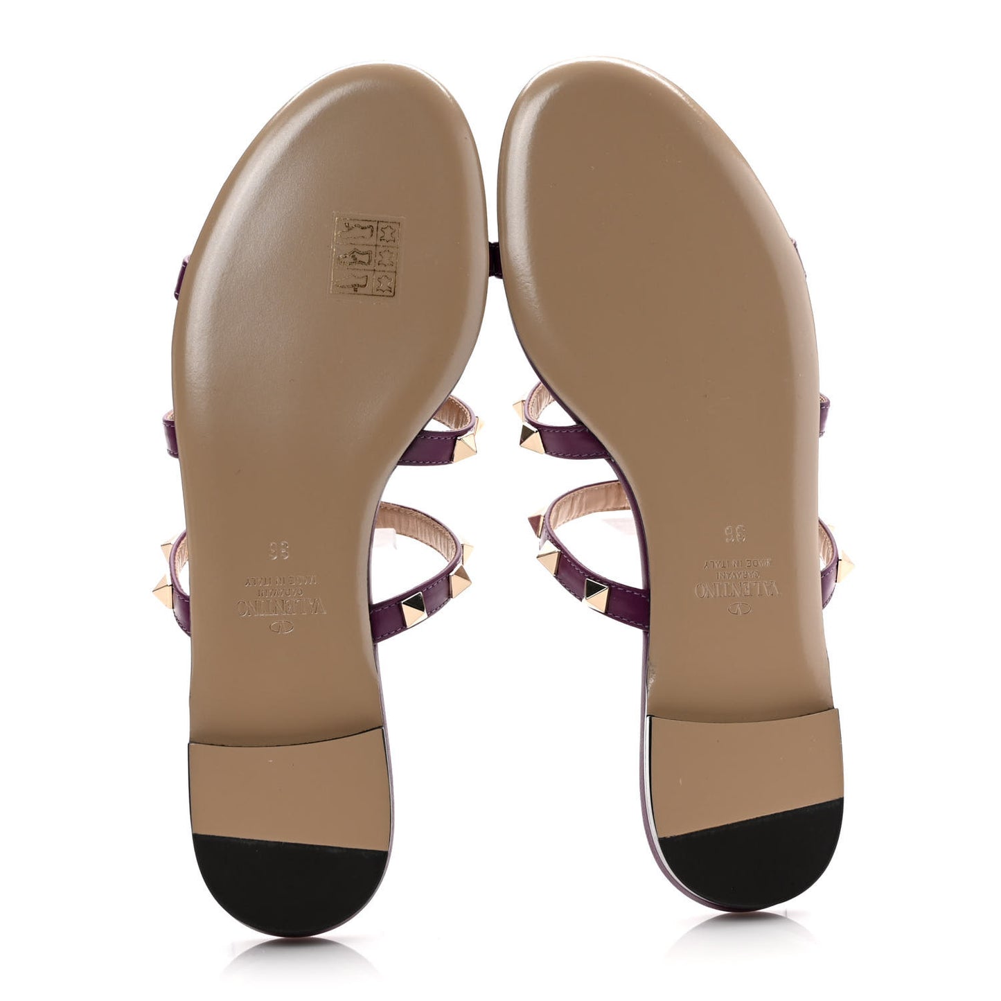 Calfskin Nappa Rockstud Caged Flat Slide Sandals 36 Prune