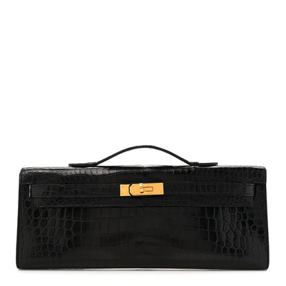 Hermes Shiny Porosus Crocodile Kelly Cut Pochette Black 1 of 10