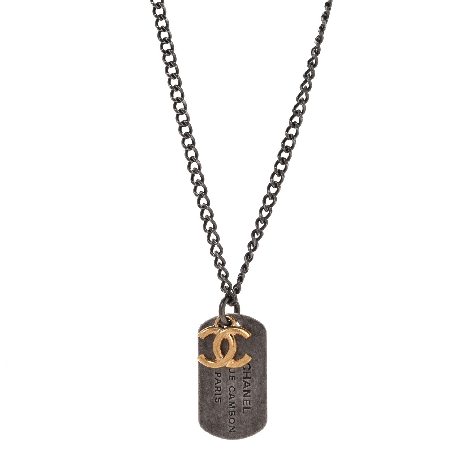 Chanel Ruthenium ID Dog Tag Charm Necklace Silver Gold 1 of 6
