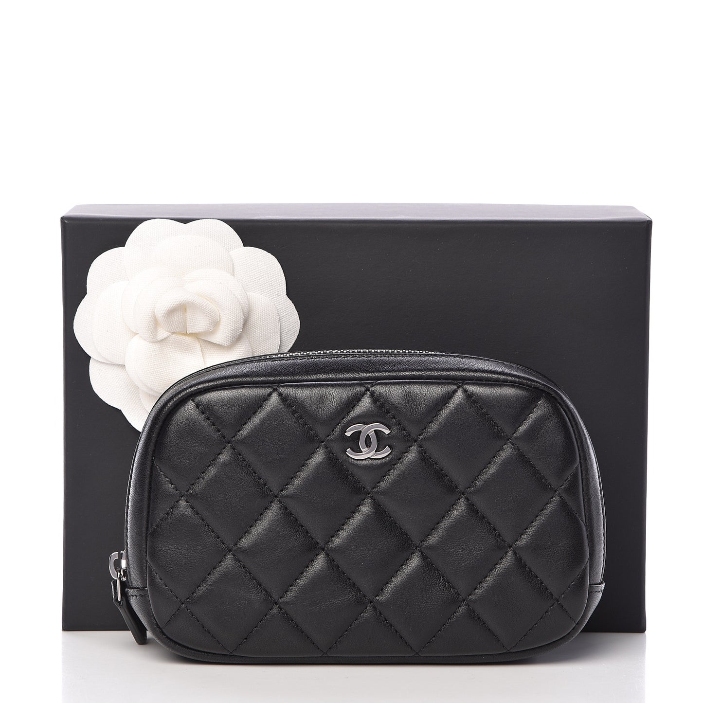 Lambskin Quilted Small Curvy Pouch Cosmetic Case Black