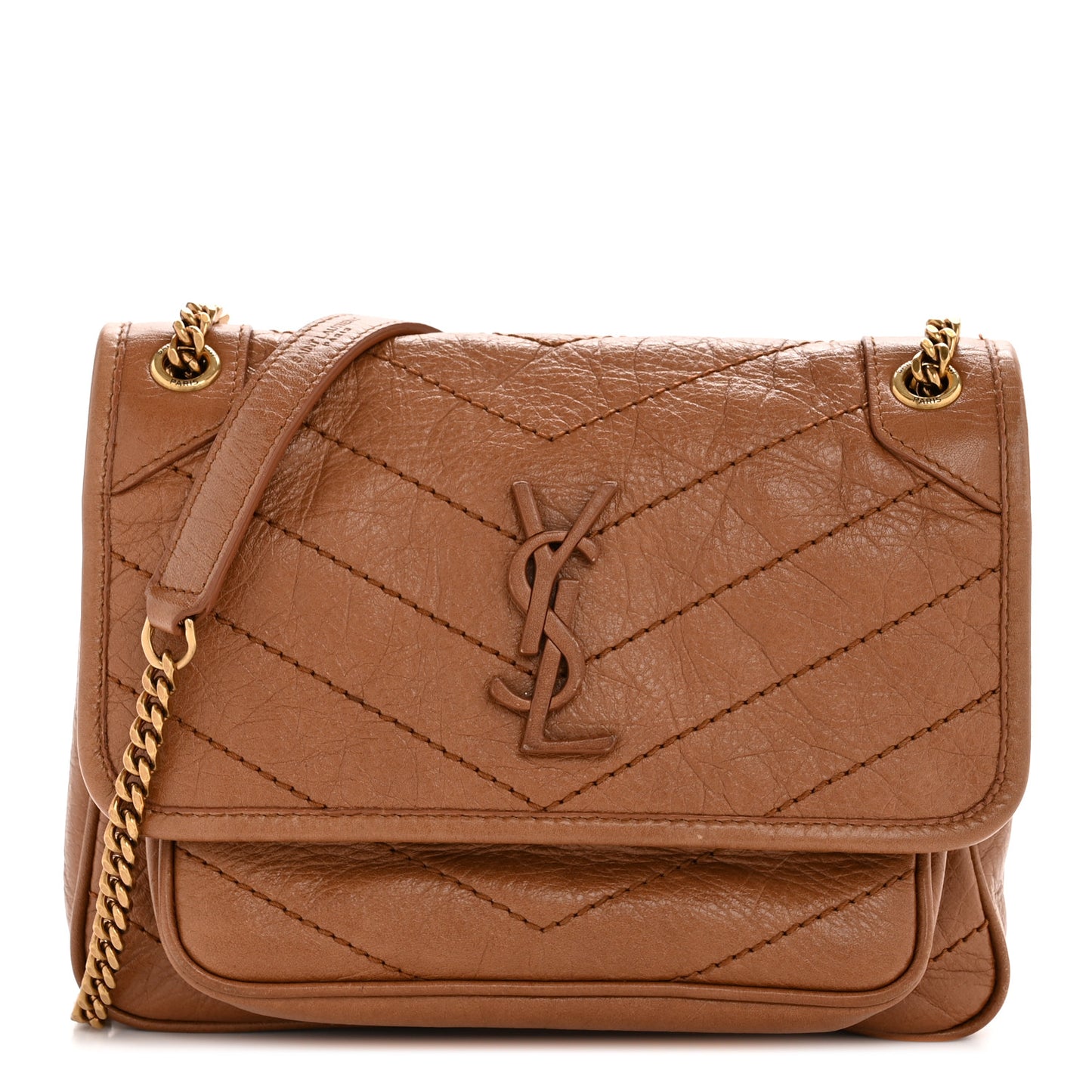 Crinkled Calfskin Matelasse Monogram Baby Niki Chain Satchel Light Caramel