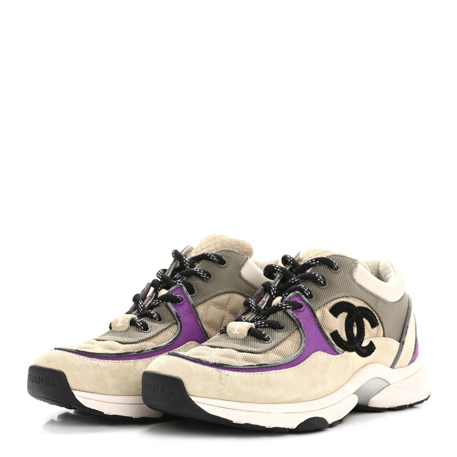 Chanel Fabric Suede Calfskin Womens CC Sneakers 38.5 Beige Dark Beige Purple 4 of 11