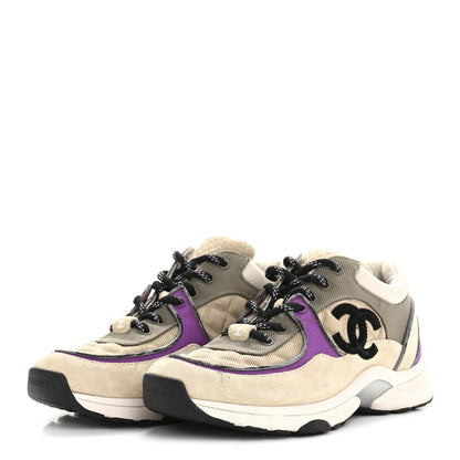 Chanel Fabric Suede Calfskin Womens CC Sneakers 38.5 Beige Dark Beige Purple 4 of 11