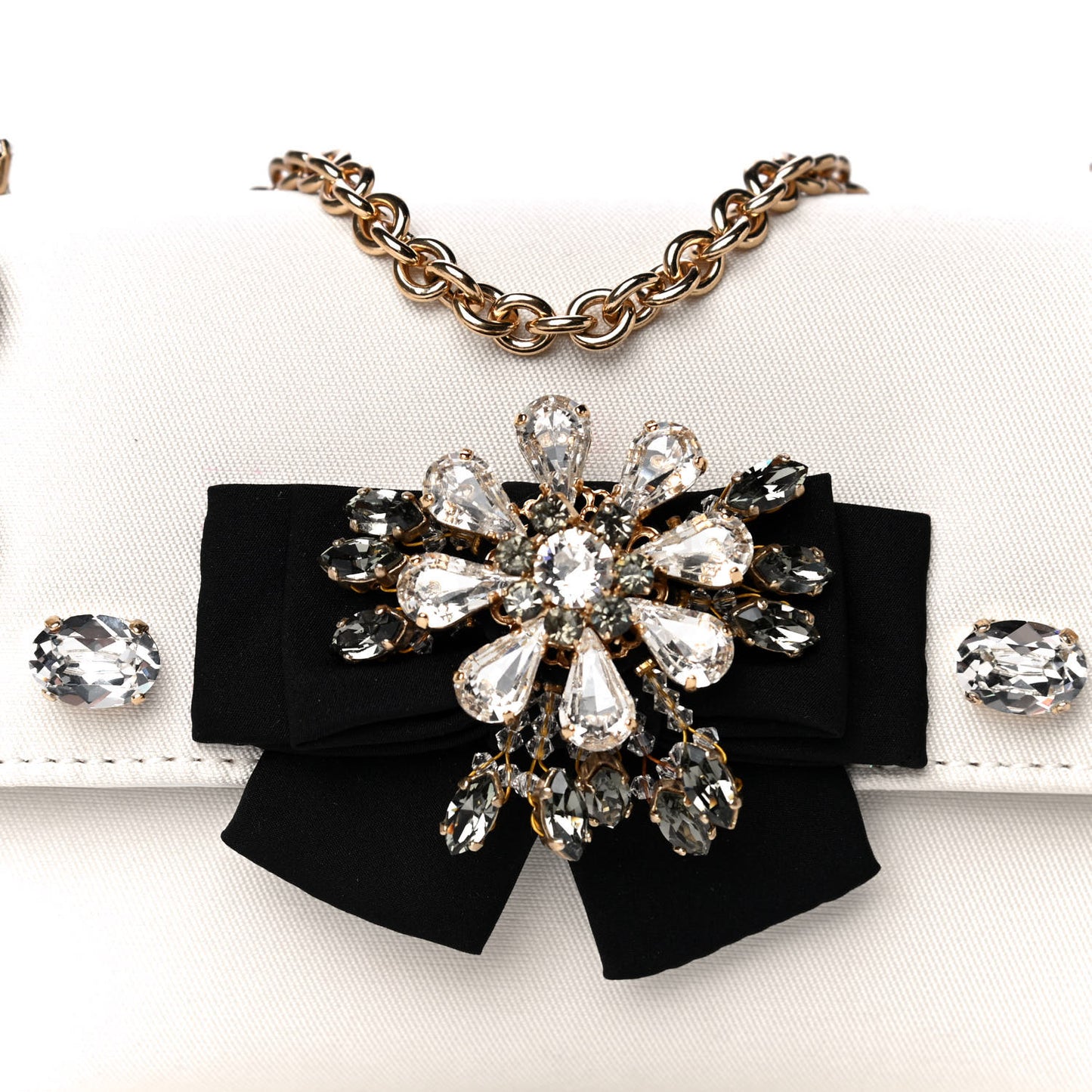 Canvas Crystal Embellished Childrens Bow Chain Clutch White