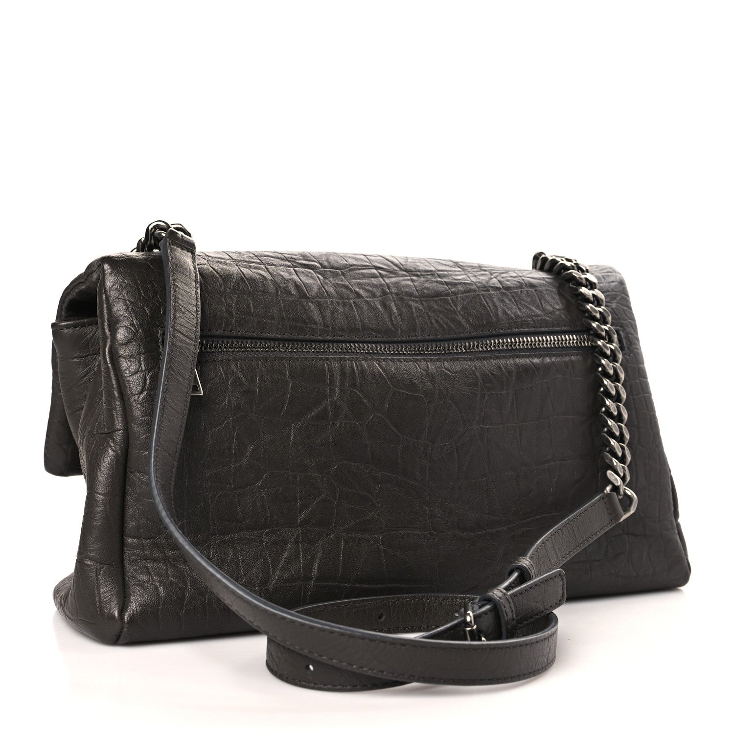 Saint Laurent Calfskin Crocodile Embossed Medium West Hollywood Monogram Fold-Over Grey 3 of 9