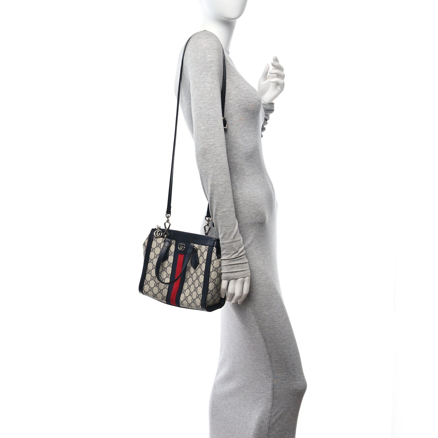 GG Supreme Monogram Textured Dollar Calfskin Web Small Ophidia Tote Bag Beige Blue