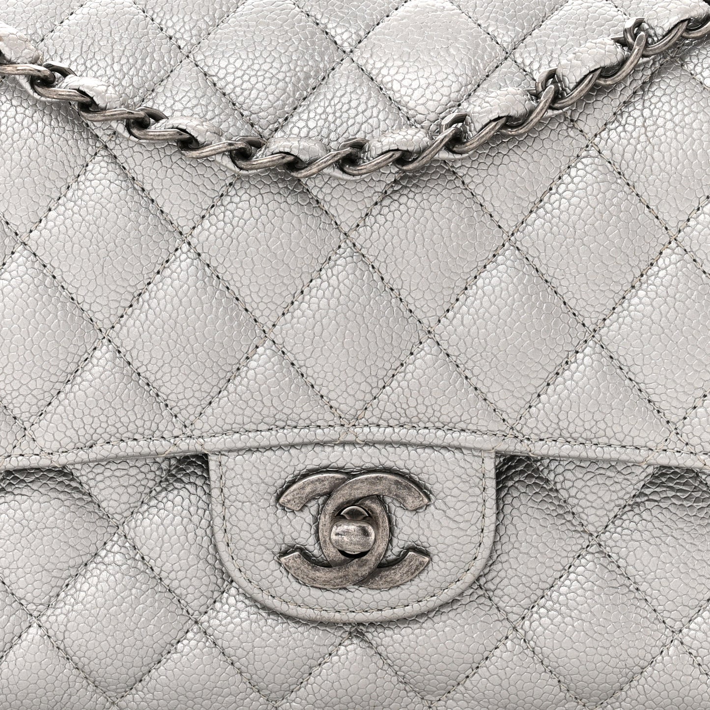 Metallic Caviar Quilted Medium Double Flap Silver