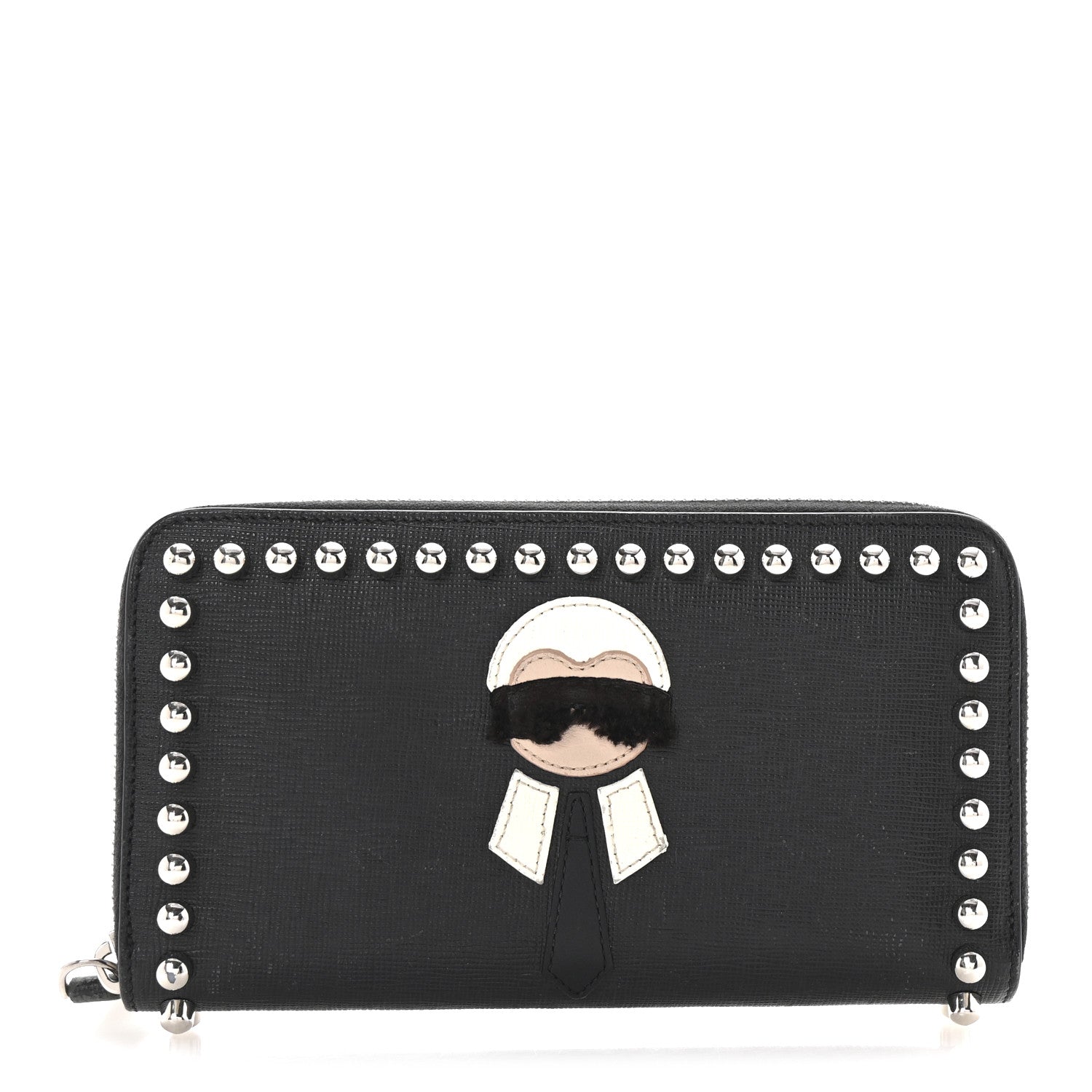 Fendi Vitello Elite Mink Fur Studded Karlito Zip Around Wallet Black 1 of 8