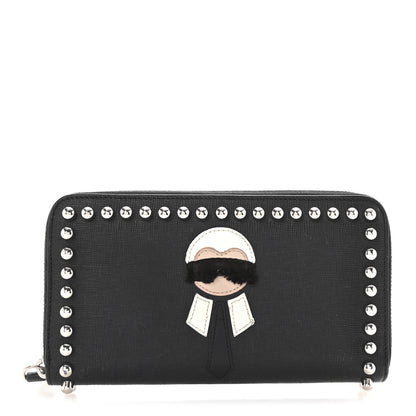 Fendi Vitello Elite Mink Fur Studded Karlito Zip Around Wallet Black 1 of 8
