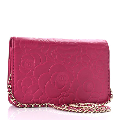 Chanel Lambskin Camellia Embossed Wallet On Chain WOC Fuchsia 2 of 11