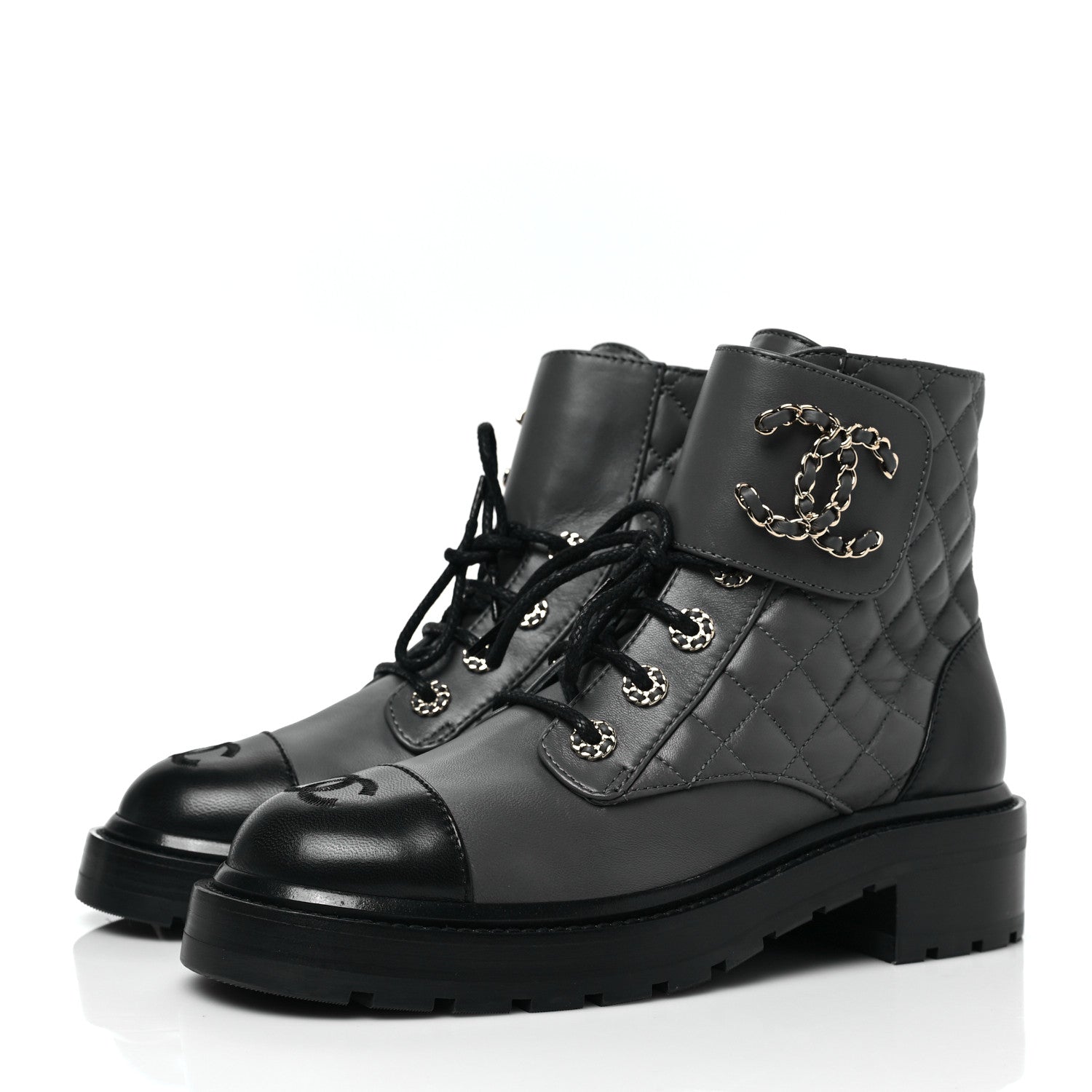 Chanel Shiny Lambskin Quilted Lace Up Combat Boots 38 Grey Black 3 of 7