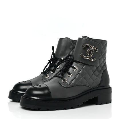 Chanel Shiny Lambskin Quilted Lace Up Combat Boots 38 Grey Black 3 of 7