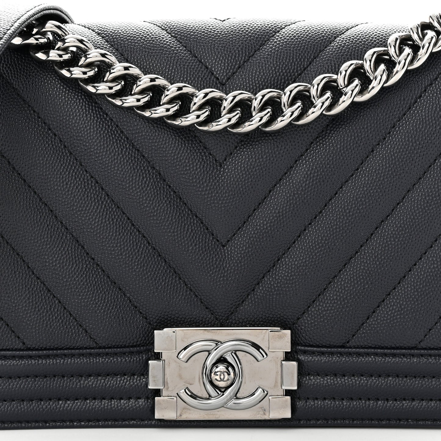 Caviar Chevron Quilted Medium Boy Flap Navy