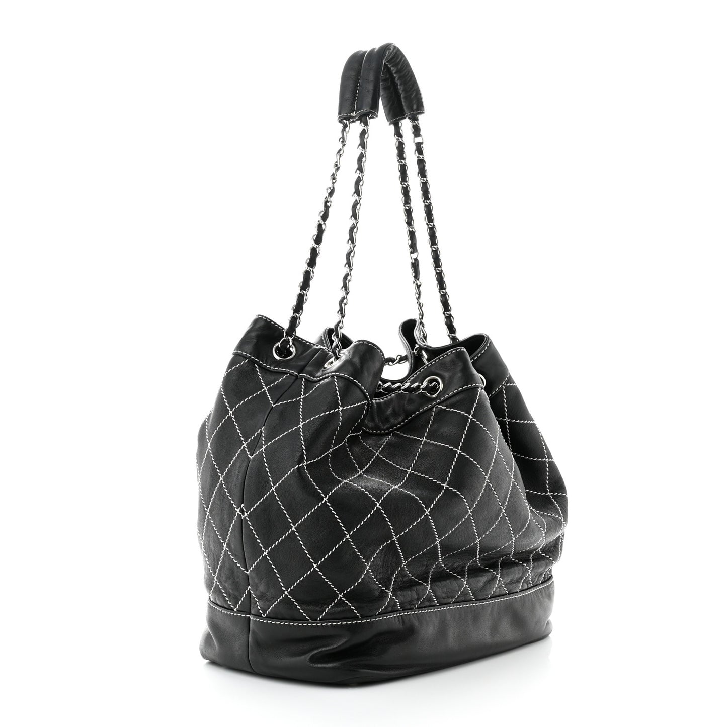 Lambskin Contrast Stitch Large Drawstring Tote Black