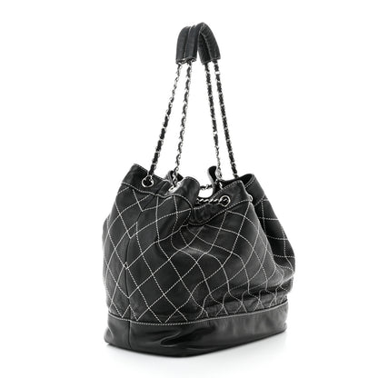 Chanel Lambskin Contrast Stitch Large Drawstring Tote Black 3 of 11