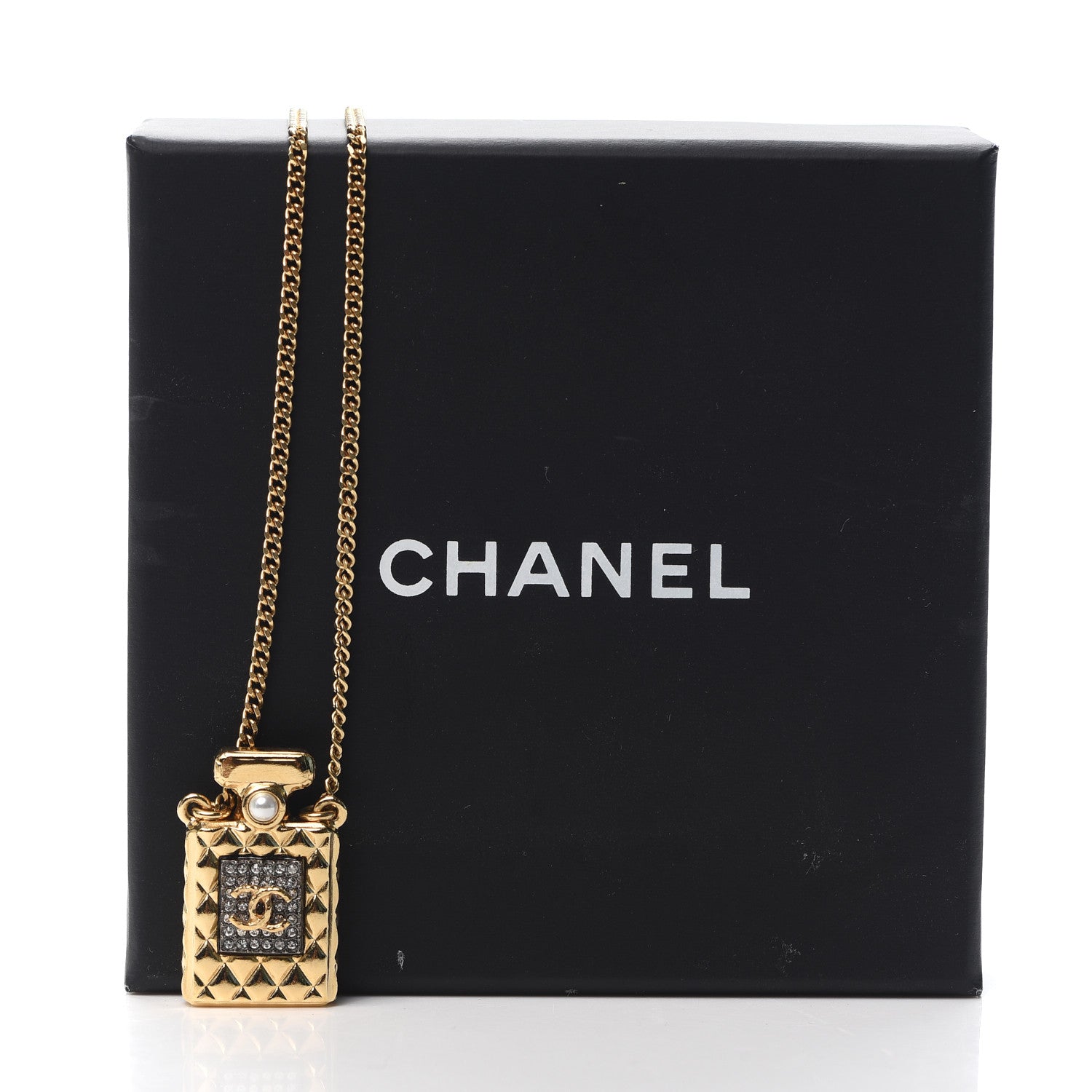 Chanel Crystal Pearl Perfume Bottle CC Necklace Black Gold 4 of 4