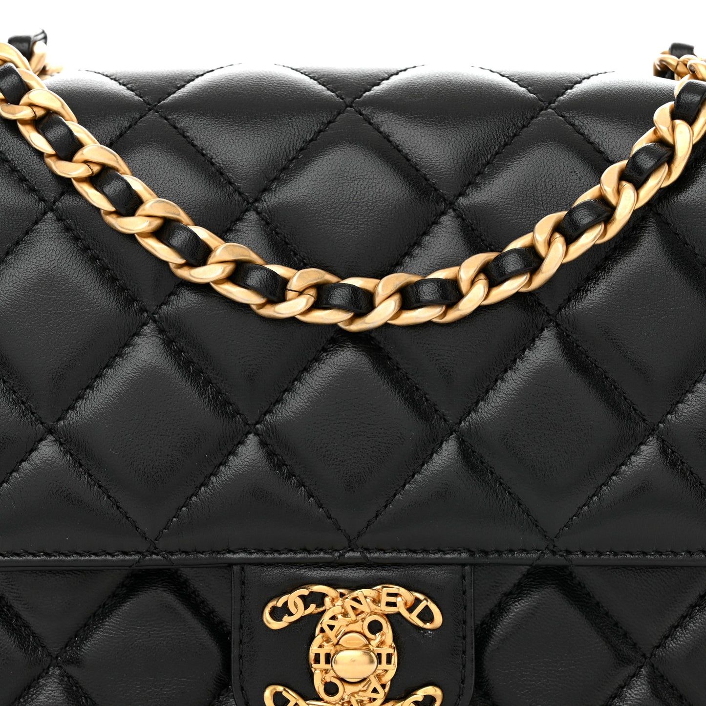 Shiny Lambskin Quilted Mini Flap Black