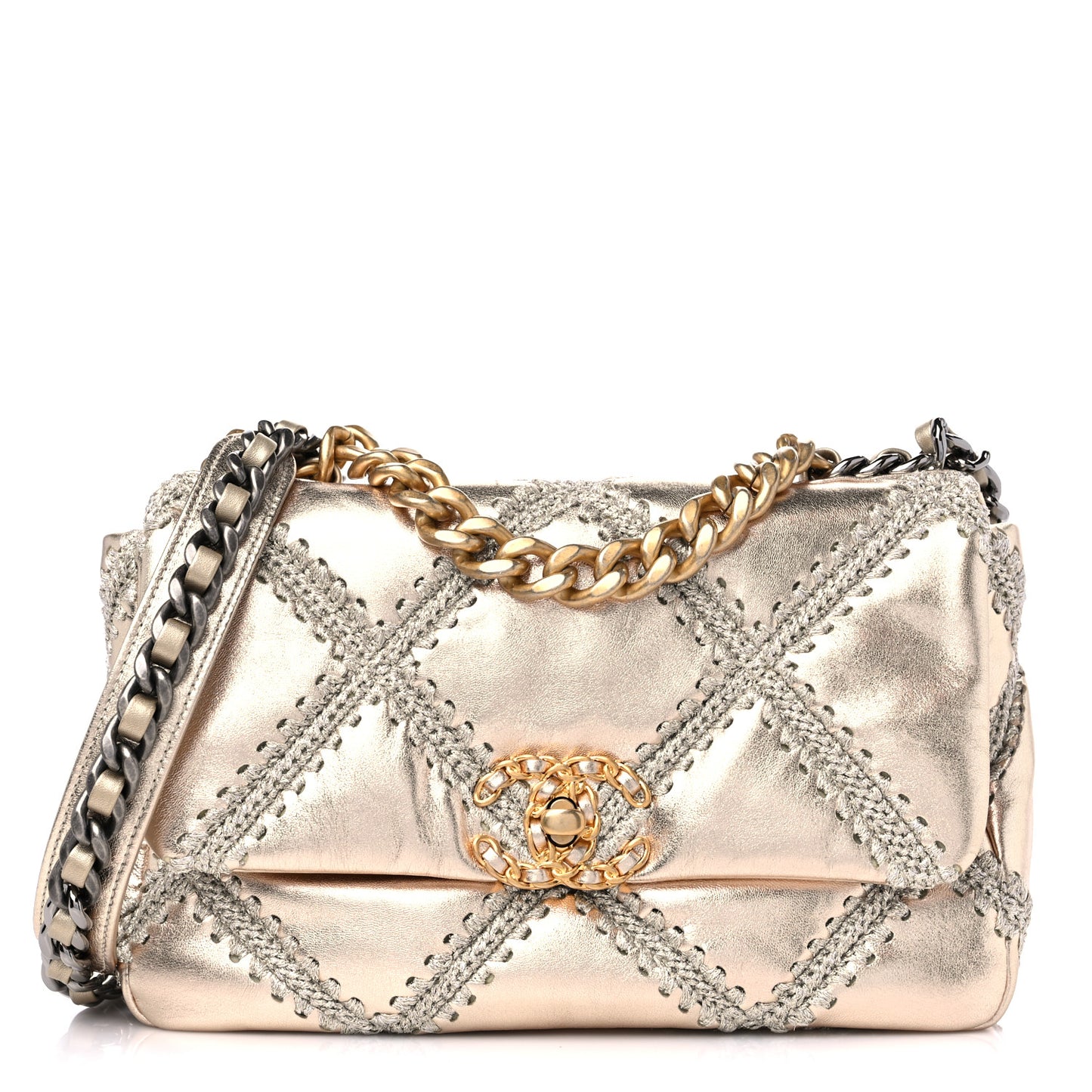 Metallic Calfskin Crochet Medium Chanel 19 Flap Gold