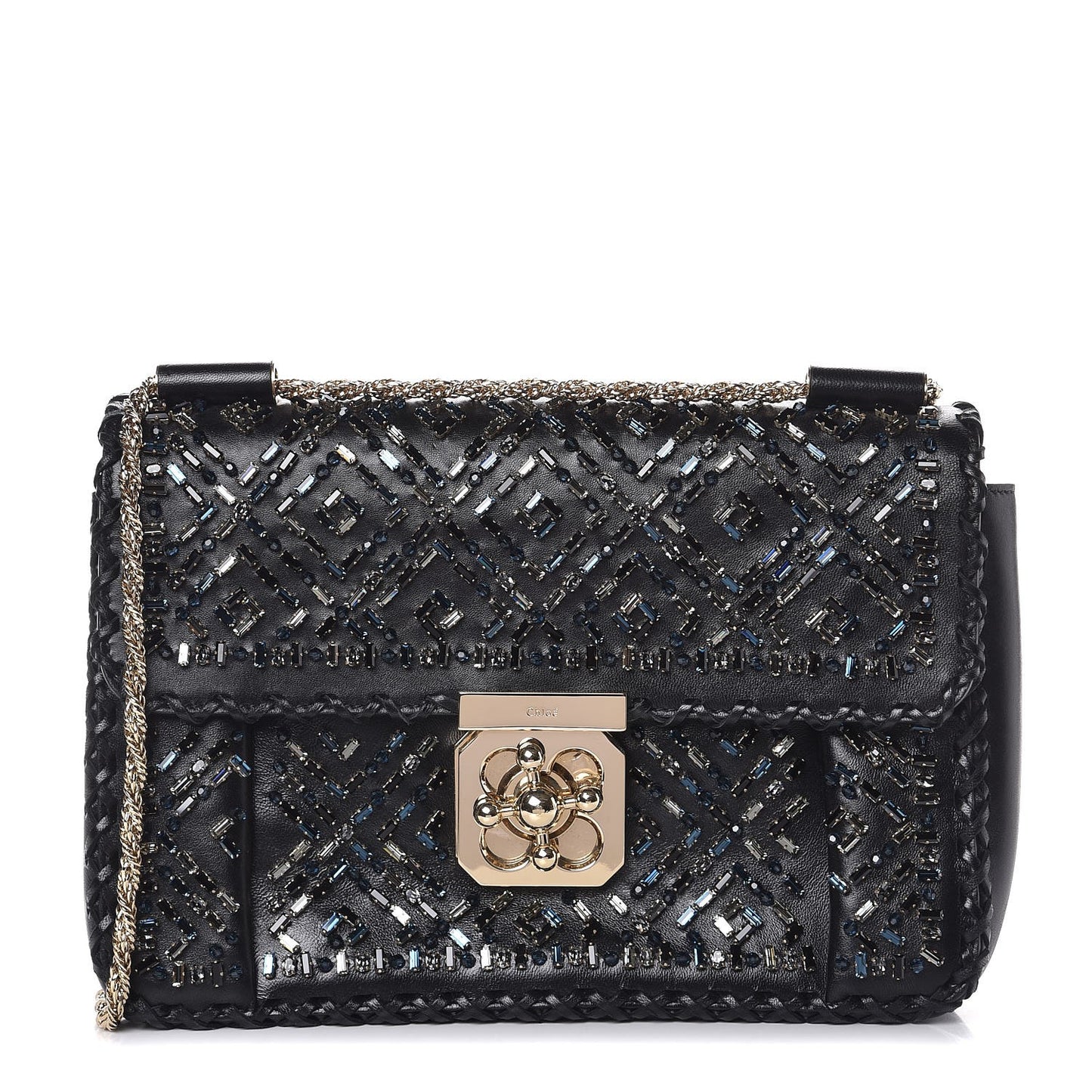 Calfskin Crystal Embellished Medium Elsie Shoulder Bag Black