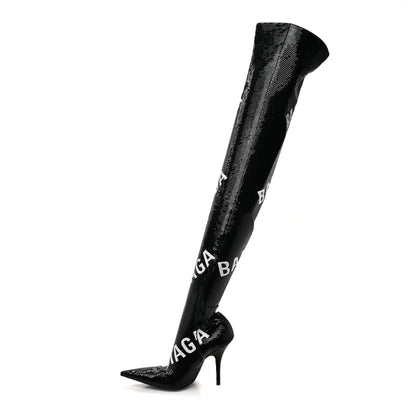 Balenciaga Sequin Spandex Logo 110mm Knife Thigh High Boots 37 Black 1 of 9