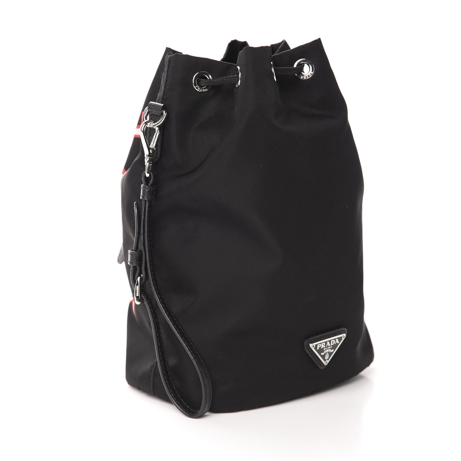 Prada X UNIVERSAL STUDIOS Tessuto Nylon Saffiano Frankenstein Heart Drawstring Wristlet Bucket Bag Fuxia 3 of 12