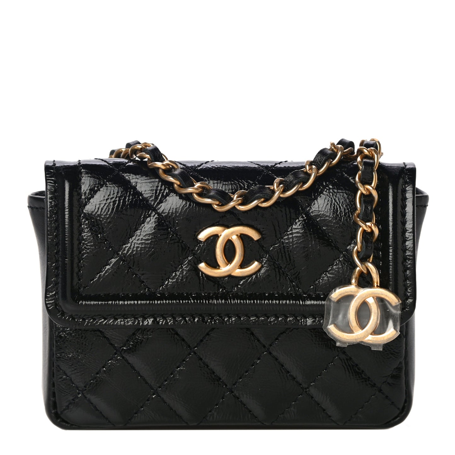 Shiny Aged Calfskin Quilted Waist Belt Bag Black