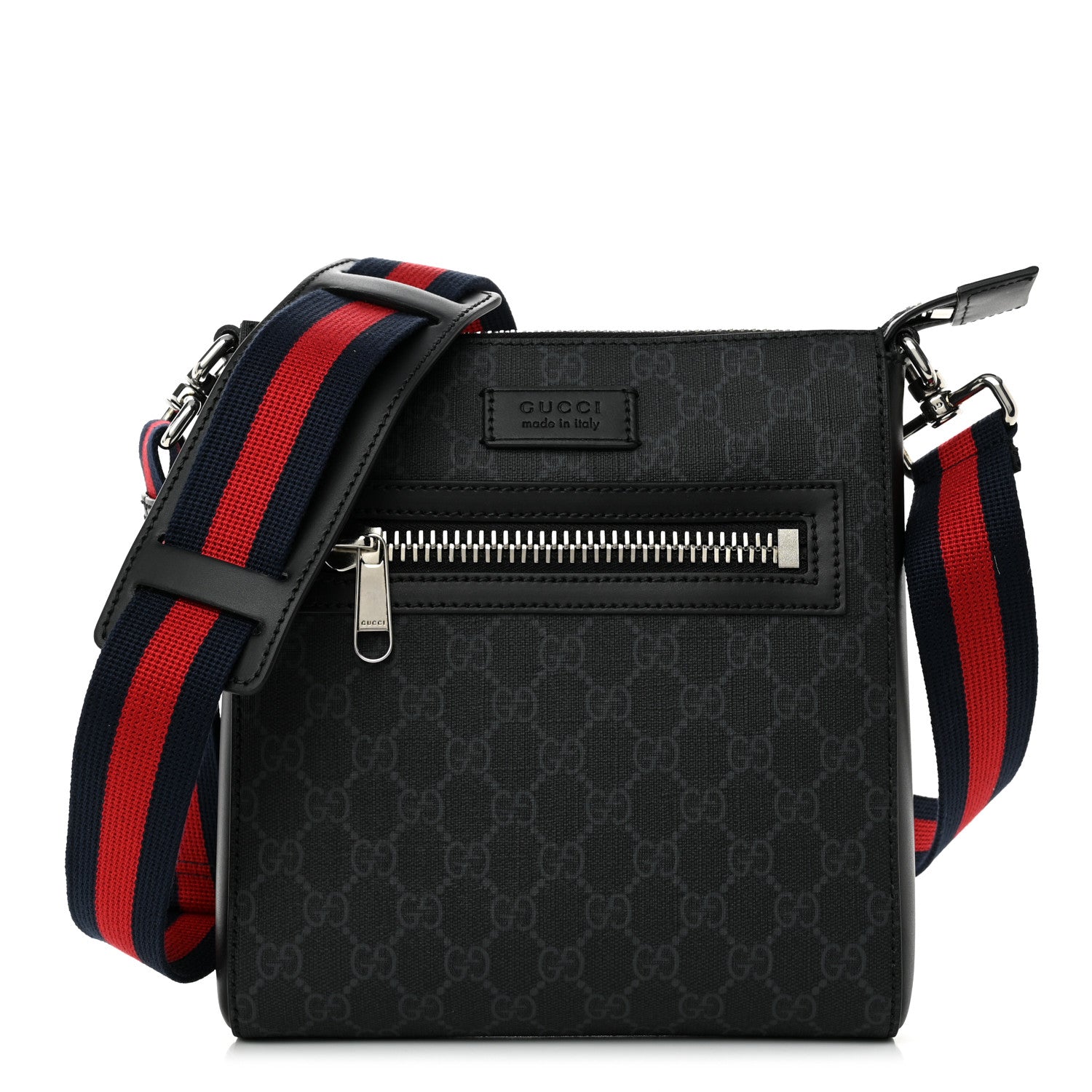 Gucci GG Supreme Monogram Web Small Flat Messenger Bag Black Grey 1 of 9