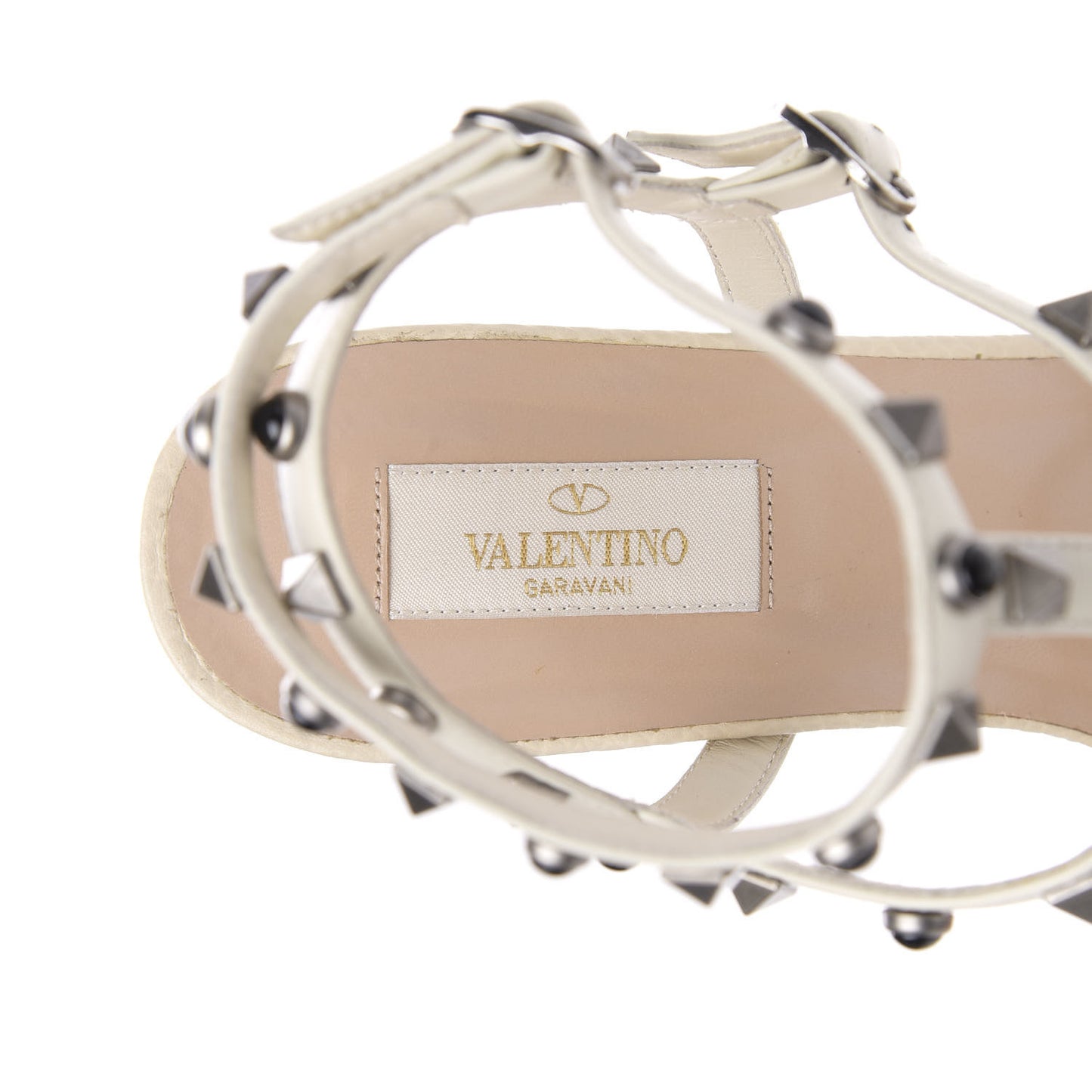 Calfskin Onyx Rockstud Rolling Gladiator Flat Sandals 39.5 Light Ivory