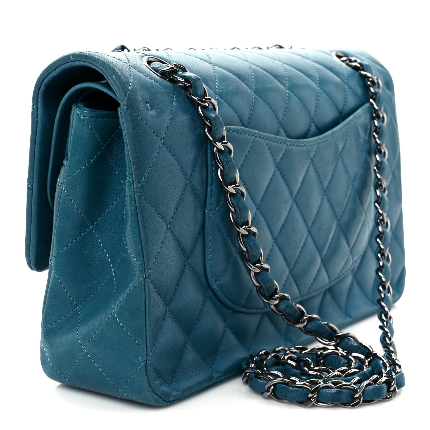 Lambskin Quilted Medium Double Flap Turquoise