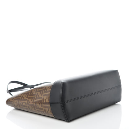 Fendi Glazed Fabric Vitello Century FF 1974 Stamp Patch Shopping Tote Mogano Panna Black 4 of 9