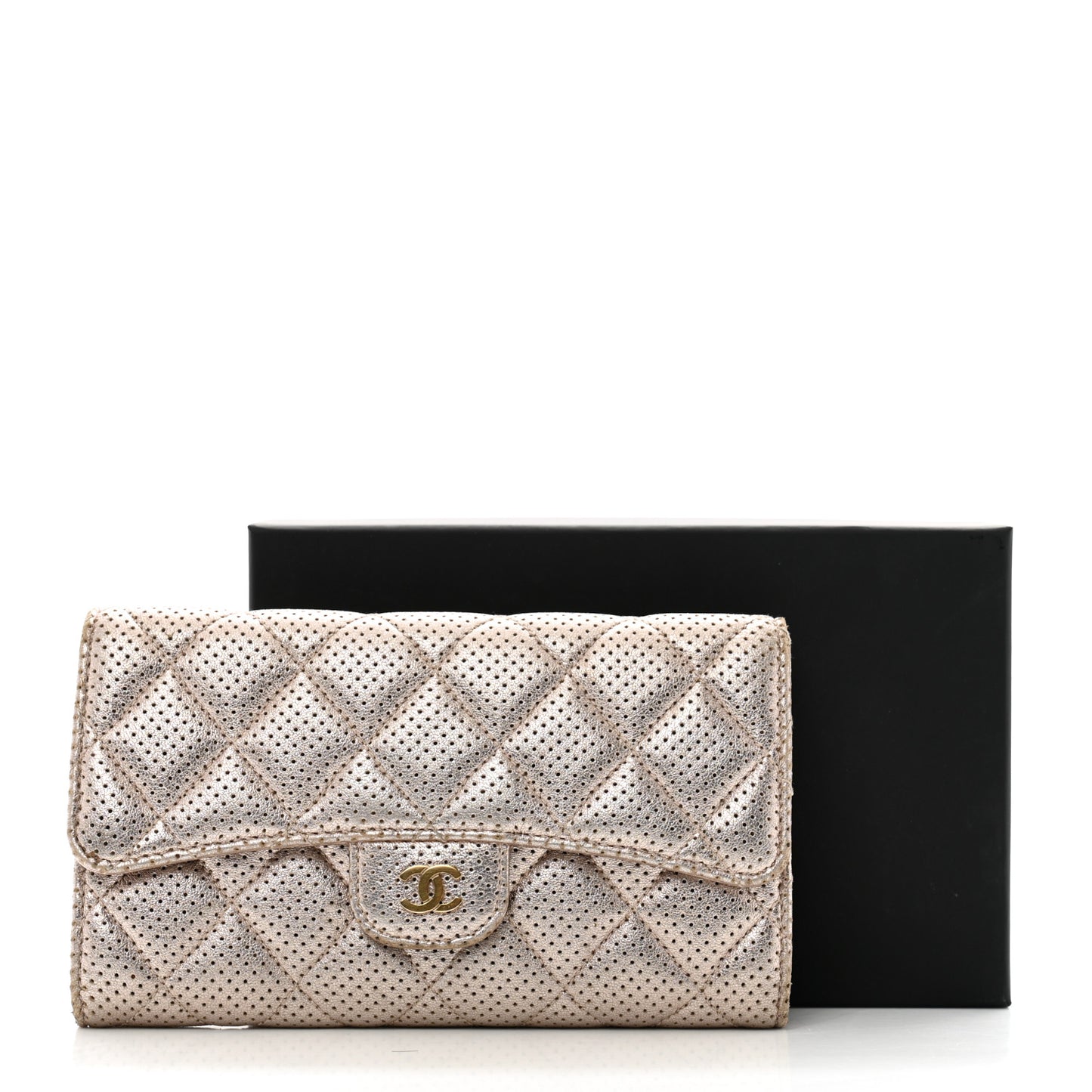 Metallic Perforated Lambskin Quilted Large Flap Wallet  Light Pink