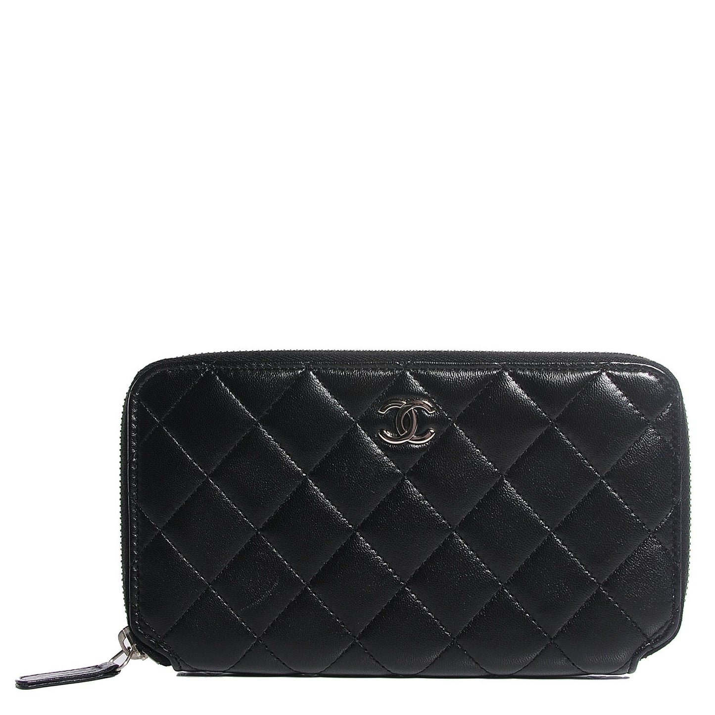 Lambskin Quilted Large Zip Around Wallet Black
