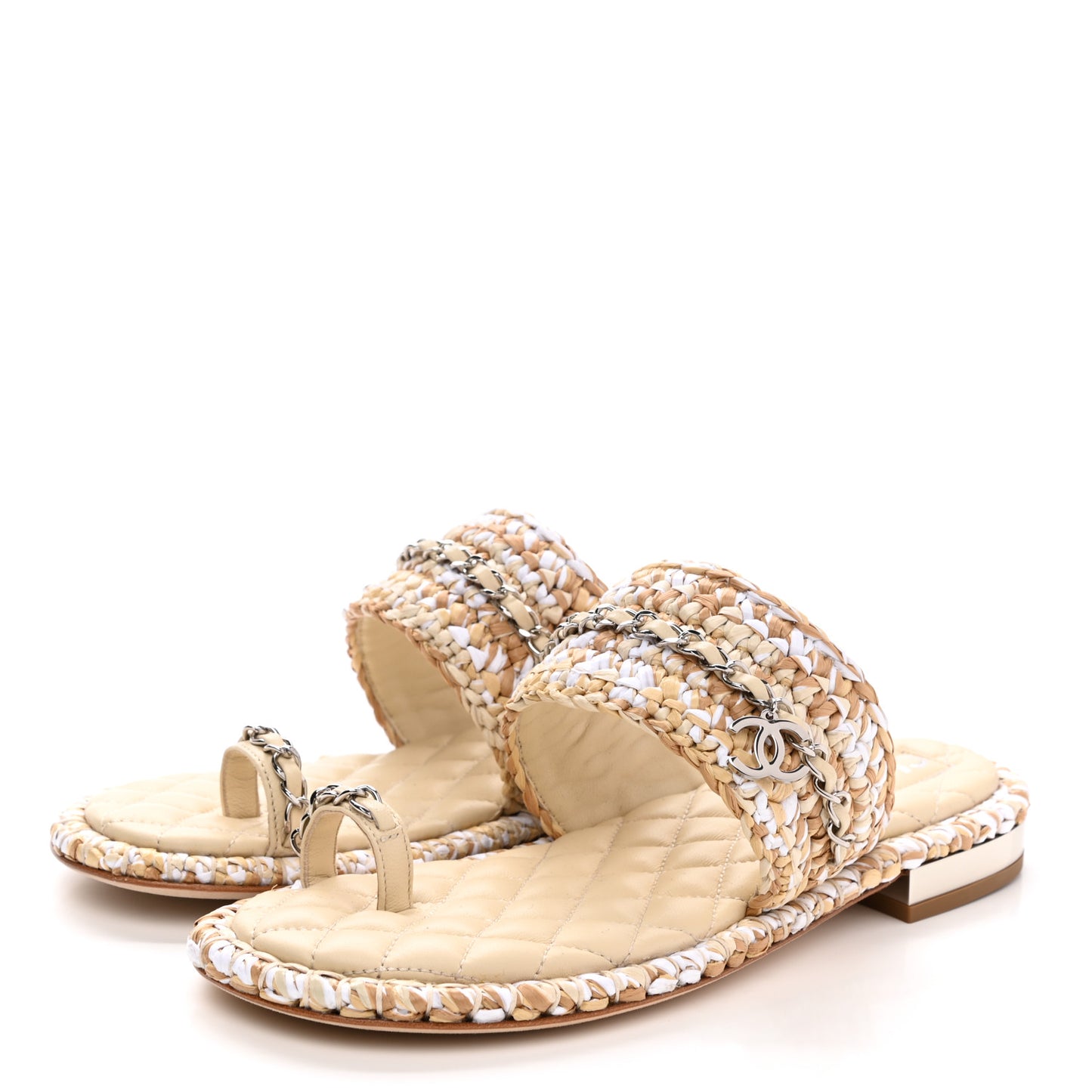Raffia Lambskin Woven Chain CC Toe Ring Sandals 38 Beige White