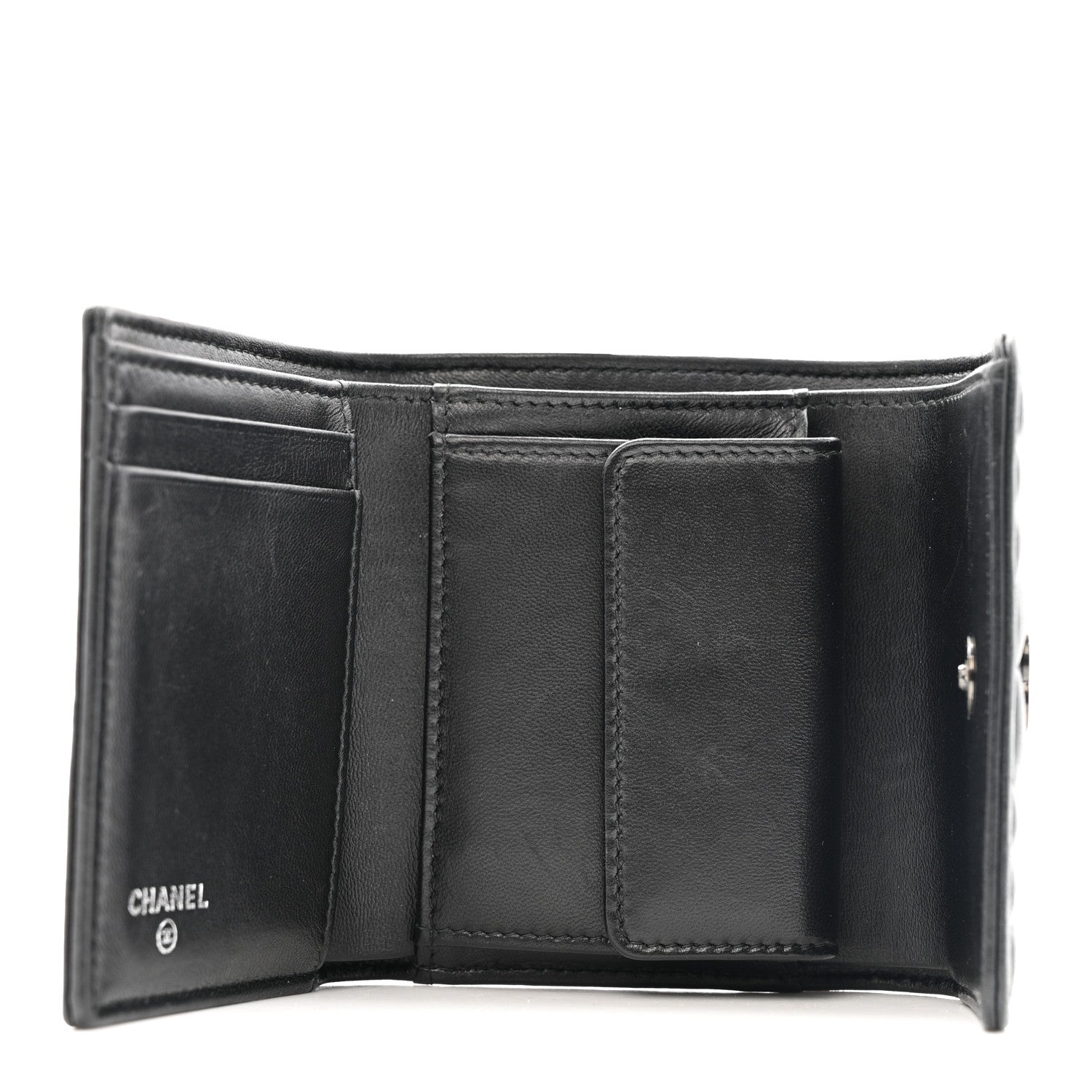 CHANEL ブラックレザーケース Chanel Lambskin Crystal Camellia Embossed Small Double Wallet