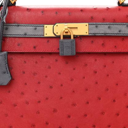 Hermes Ostrich Horseshoe Kelly Sellier 28 Rouge Vif Gris Agate 8 of 11