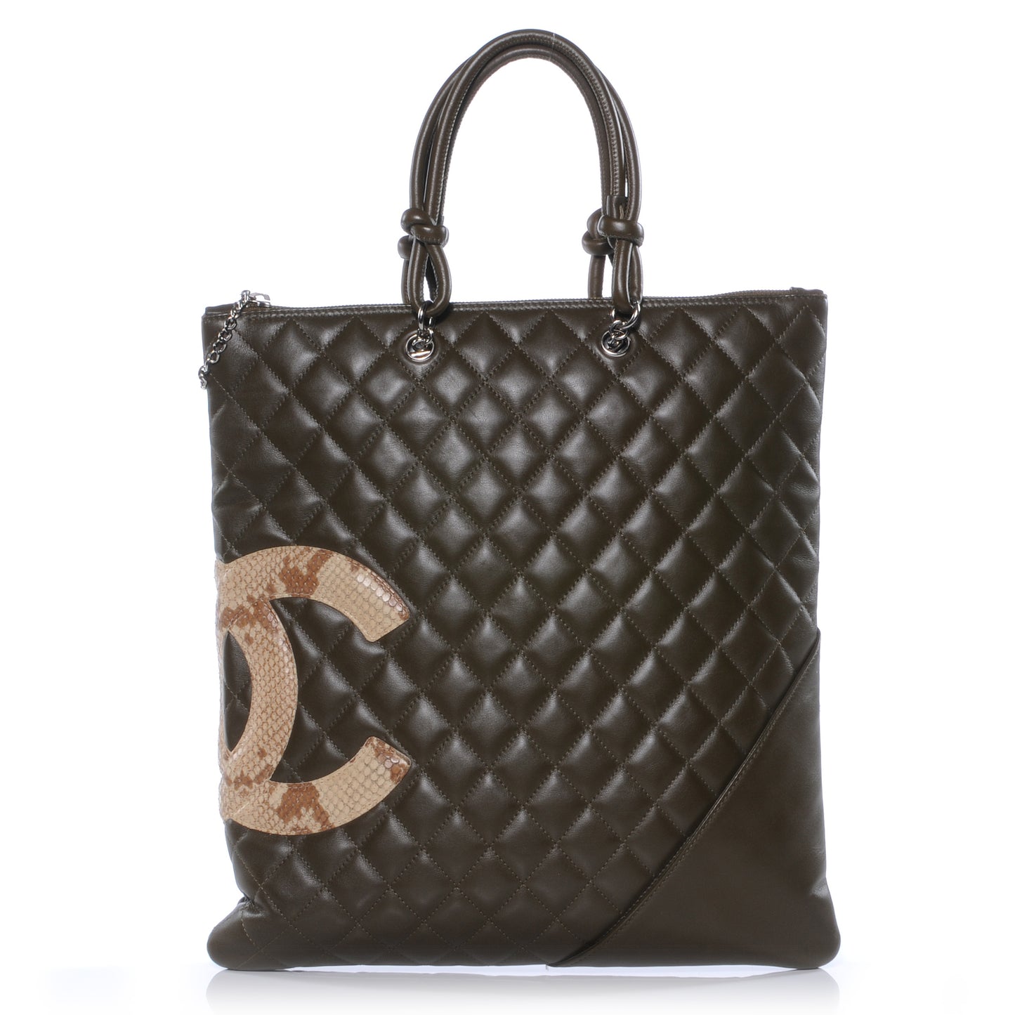 Calfskin Python Quilted Cambon Flat Tote Khaki