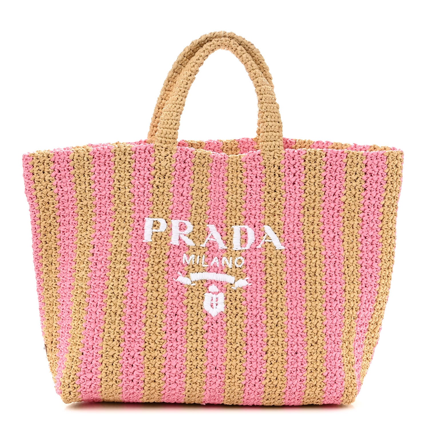 Prada Yarn Raffia Effect Crochet Striped Large Logo Tote Naturale Petalo 1 of 9