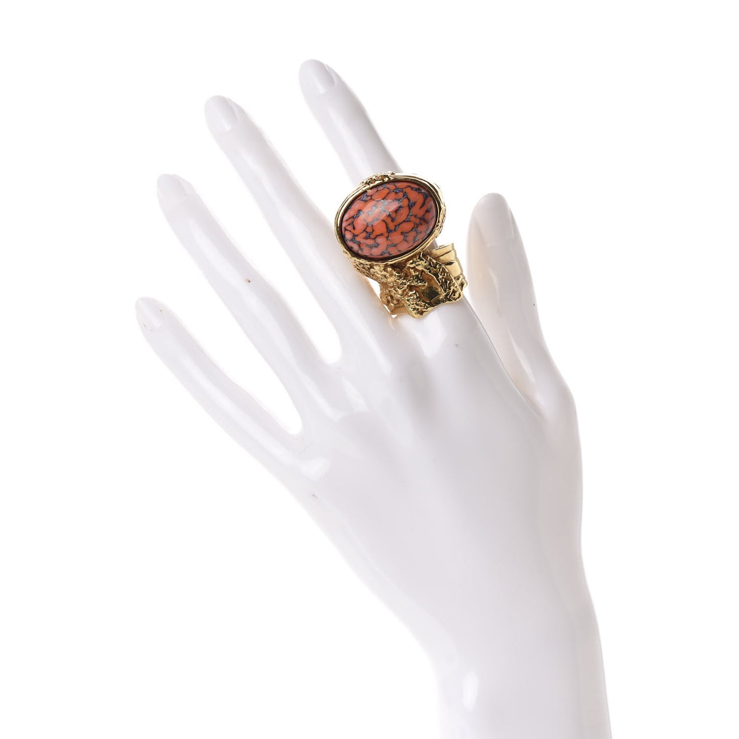Glass Cabochon Arty Ovale Ring 9 Gold Coral