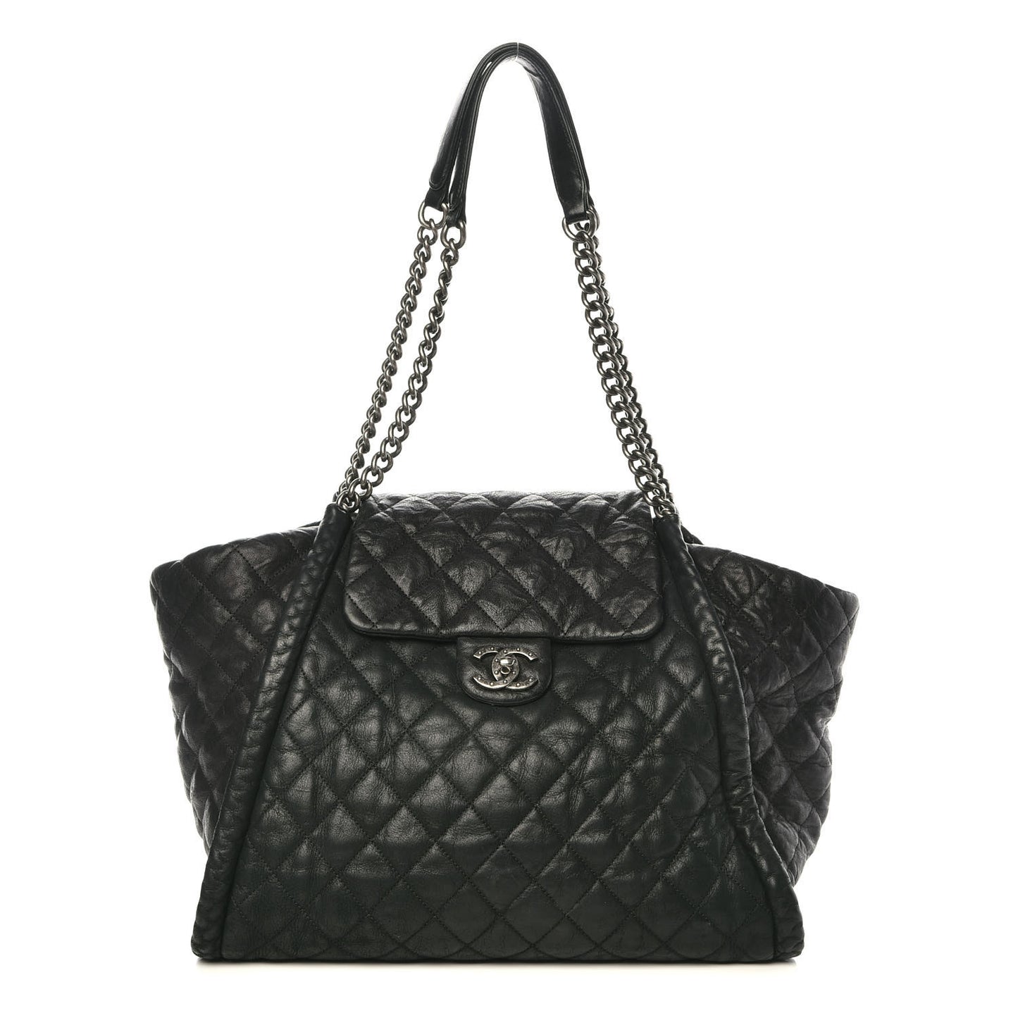 Washed Lambskin Quilted Studded CC Large Tote Black
