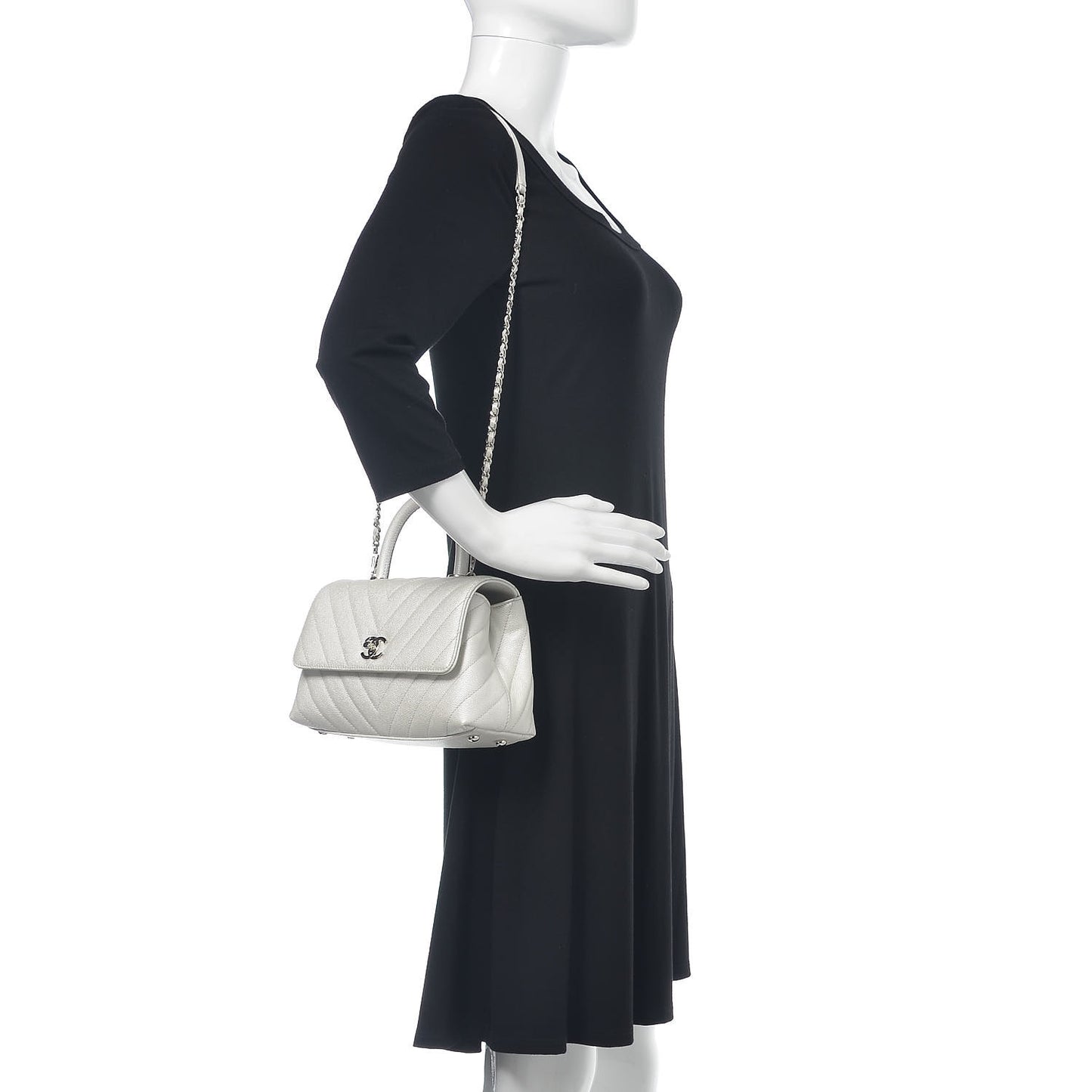 Iridescent Caviar Chevron Quilted Mini Coco Handle Flap White